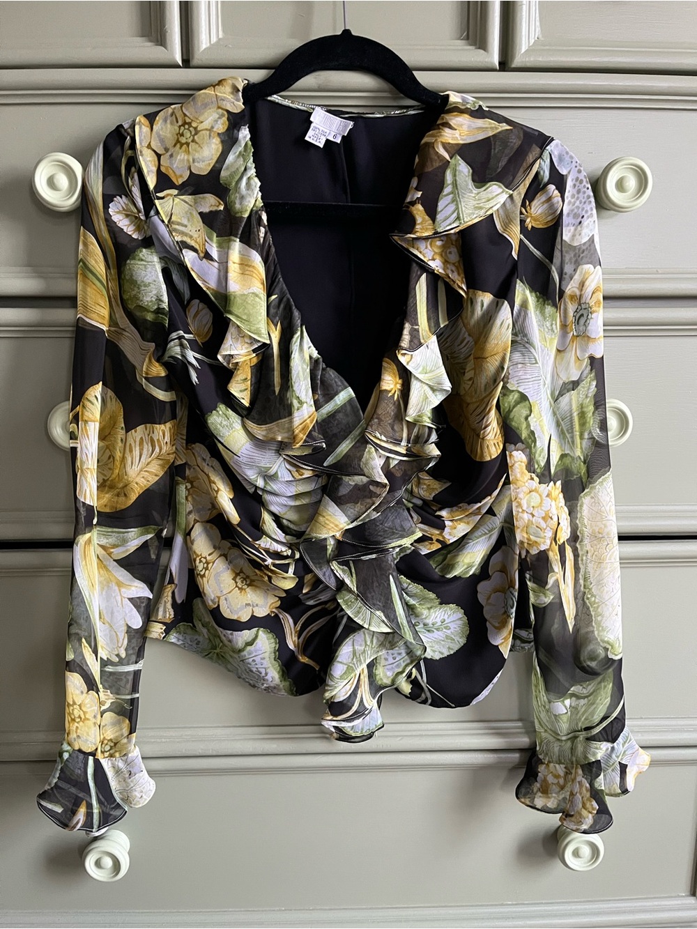 Melinda Eng Black Floral Ruffle Wrap Silk Blouse with Yellow and Green Accents